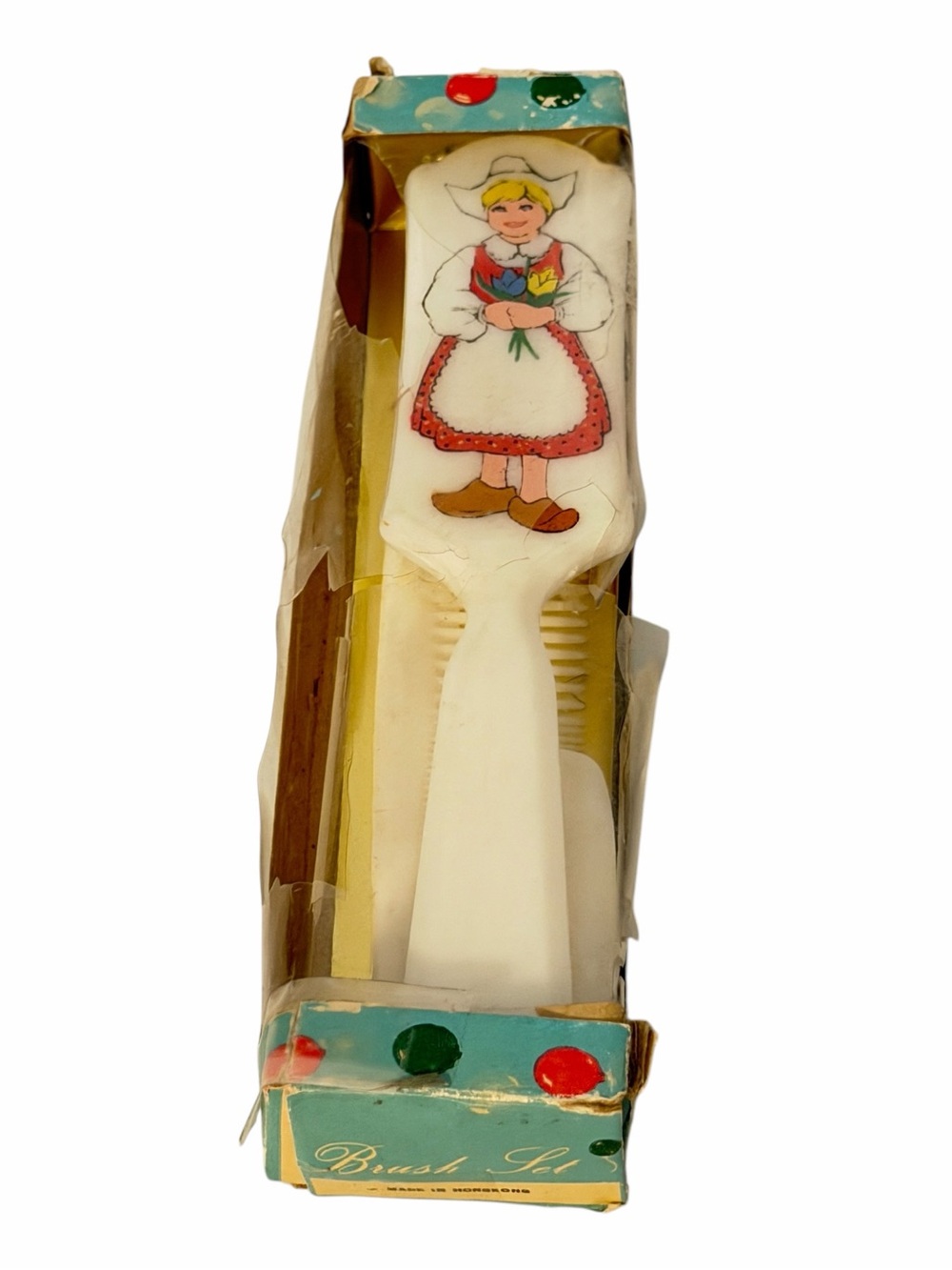 Vintage Hand Decorated Childs Brush Comb Set Dutch Girl Made Hong Kong Plastic